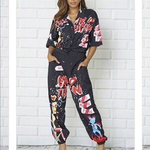 Black Multi Color Jumpsuit Baggy Stretchy